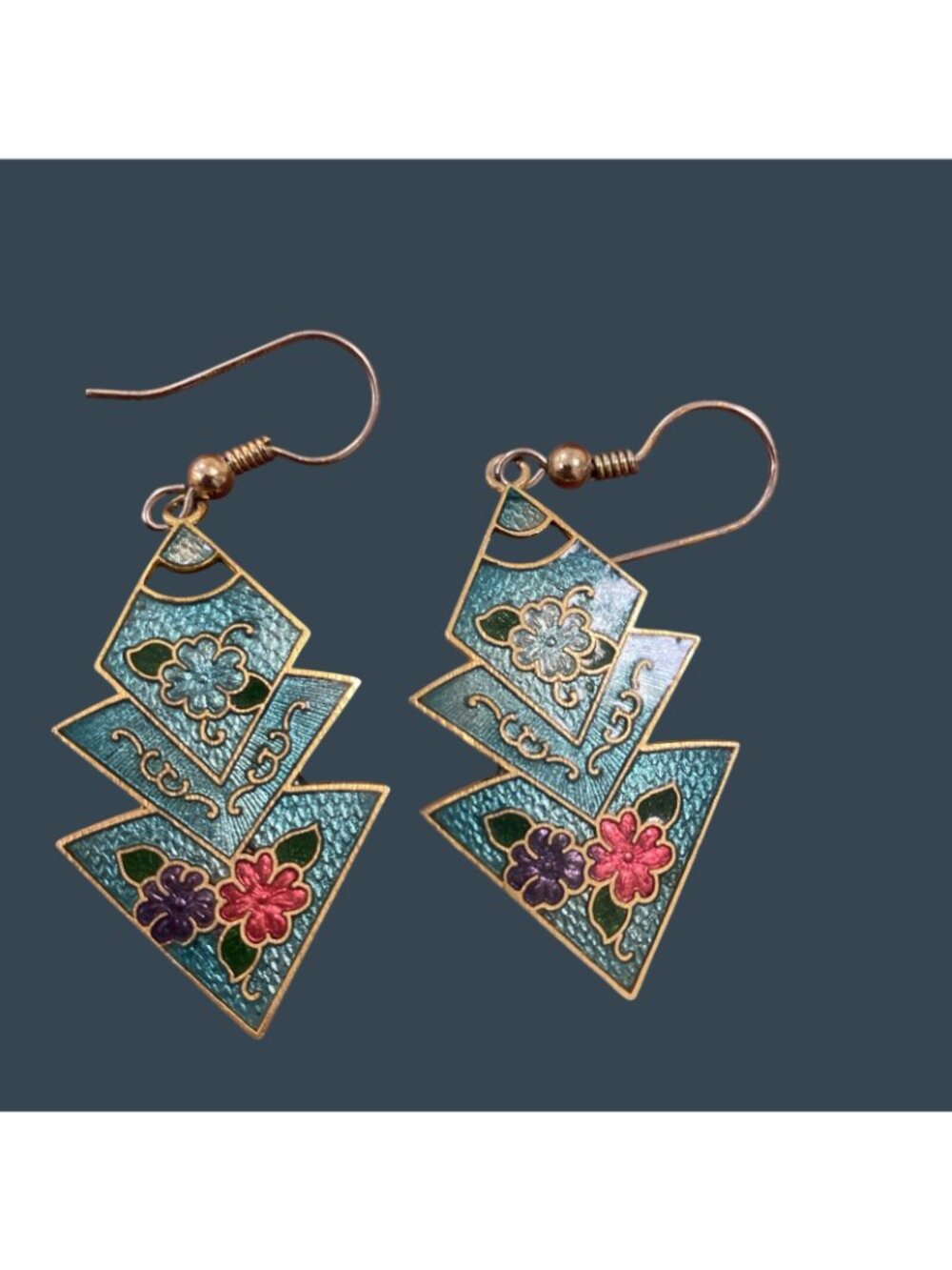 Vtg Zig-Zag Pyramid Floral Cloisonné Dangling Earrings 1980's Teal & Gold Tone - Picture 2 of 12